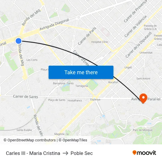 Carles III - Maria Cristina to Poble Sec map