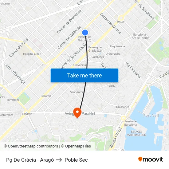 Pg De Gràcia - Aragó to Poble Sec map