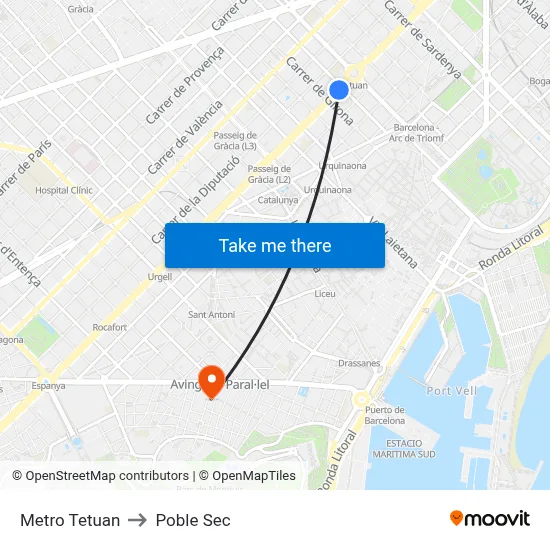 Metro Tetuan to Poble Sec map