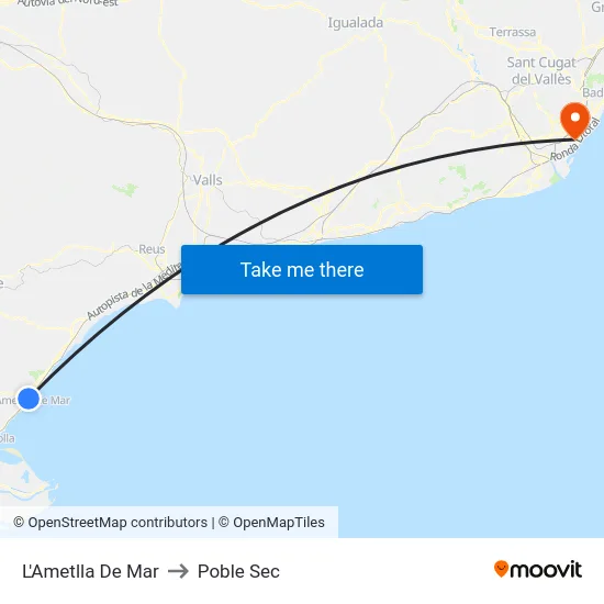 L'Ametlla De Mar to Poble Sec map