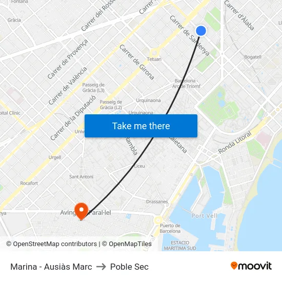 Marina - Ausiàs Marc to Poble Sec map