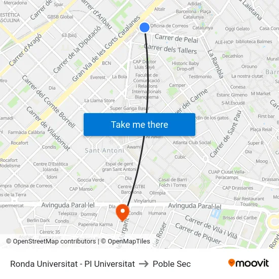 Ronda Universitat - Pl Universitat to Poble Sec map