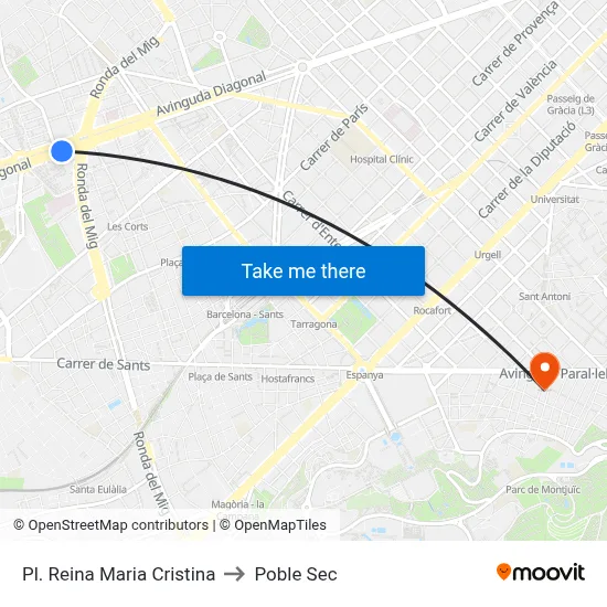 Pl. Reina Maria Cristina to Poble Sec map