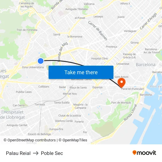 Palau Reial to Poble Sec map