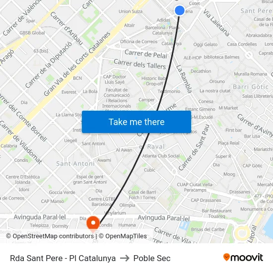 Rda Sant Pere - Pl Catalunya to Poble Sec map