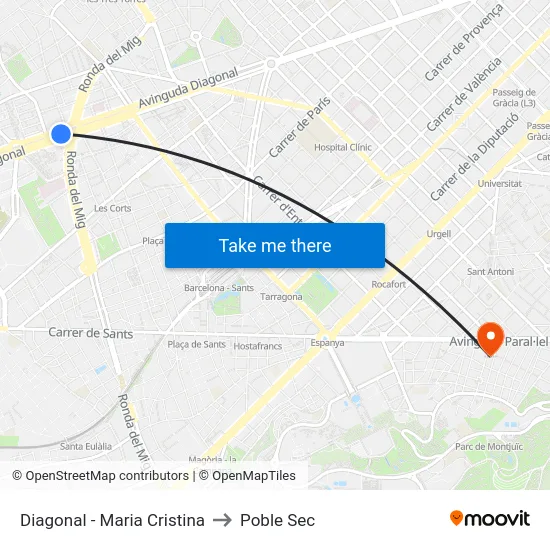 Diagonal - Maria Cristina to Poble Sec map
