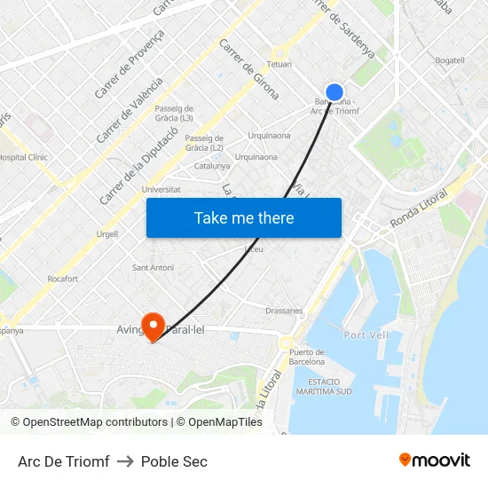 Arc De Triomf to Poble Sec map