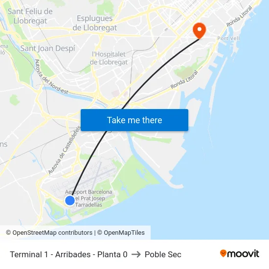 Terminal 1 - Arribades -  Planta 0 to Poble Sec map