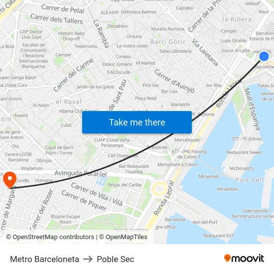 Metro Barceloneta to Poble Sec map