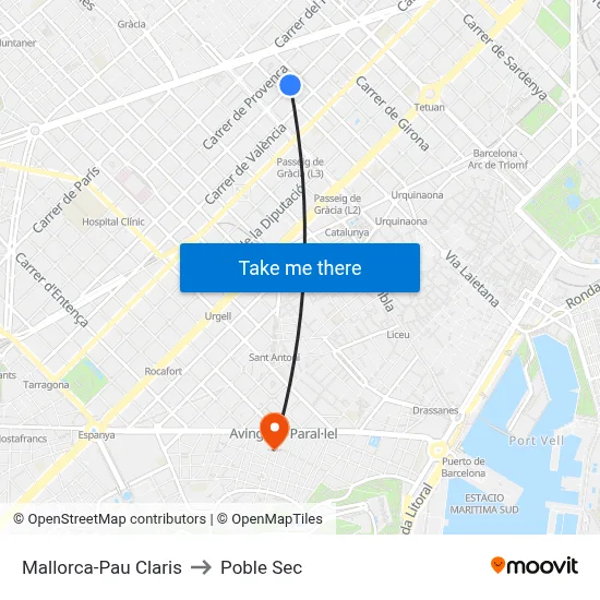 Mallorca-Pau Claris to Poble Sec map