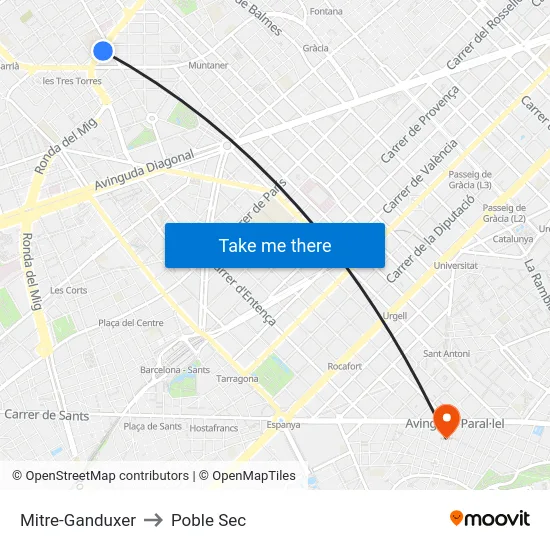 Mitre-Ganduxer to Poble Sec map