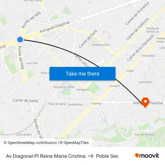 Av Diagonal-Pl Reina Maria Cristina to Poble Sec map