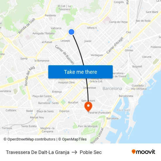 Travessera De Dalt-La Granja to Poble Sec map