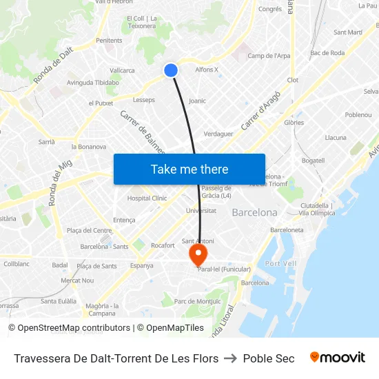 Travessera De Dalt-Torrent De Les Flors to Poble Sec map