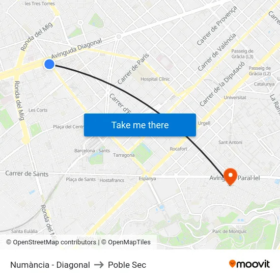Numància - Diagonal to Poble Sec map