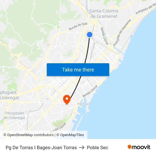 Pg De Torras I Bages-Joan Torras to Poble Sec map