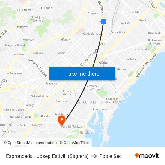 Espronceda - Josep Estivill (Sagrera) to Poble Sec map
