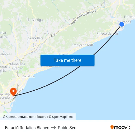 Estació Rodalies Blanes to Poble Sec map