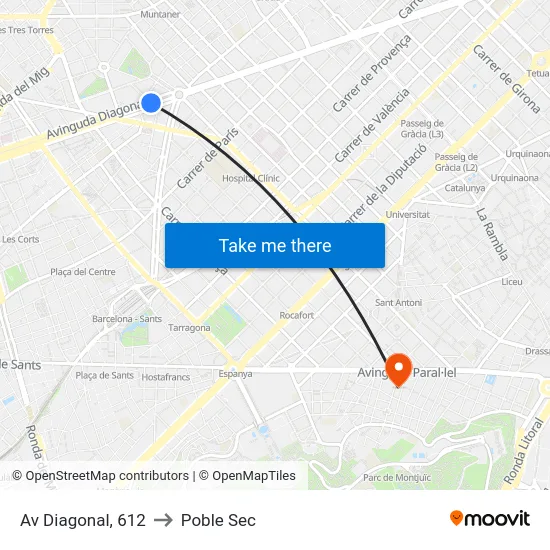 Av Diagonal, 612 to Poble Sec map