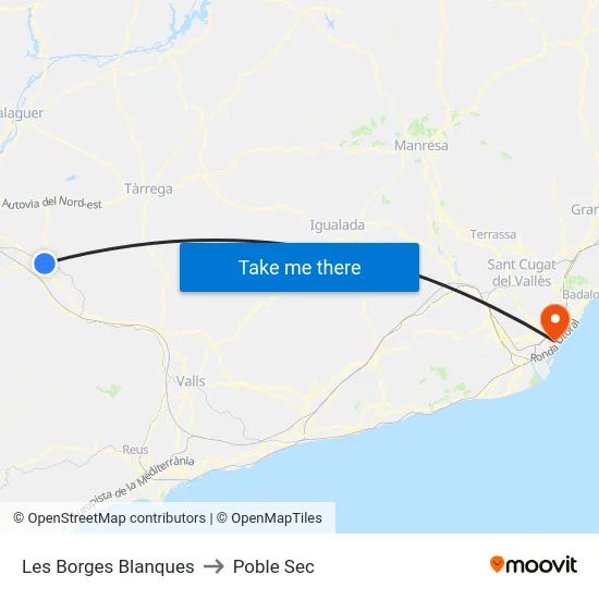 Les Borges Blanques to Poble Sec map