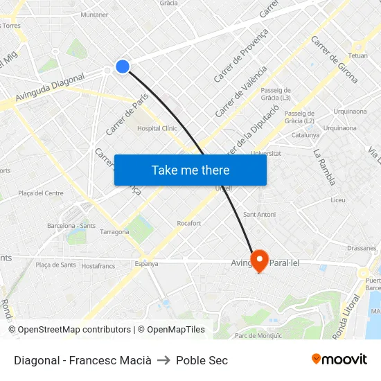 Diagonal - Francesc Macià to Poble Sec map