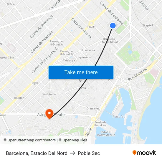 Barcelona, Estacio Del Nord to Poble Sec map