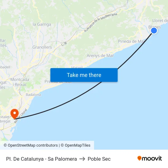 Pl. De Catalunya - Sa Palomera to Poble Sec map