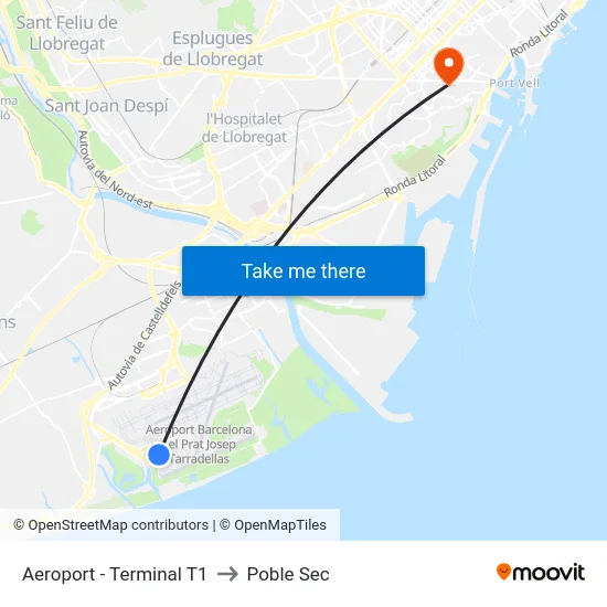 Aeroport - Terminal T1 to Poble Sec map