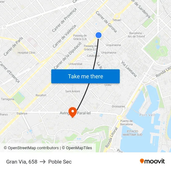 Gran Via, 658 to Poble Sec map