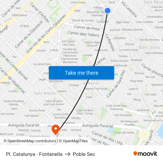Pl. Catalunya - Fontanella to Poble Sec map