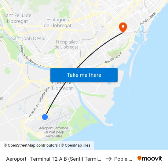 Aeroport - Terminal T2-A B (Sentit Terminal T1) to Poble Sec map