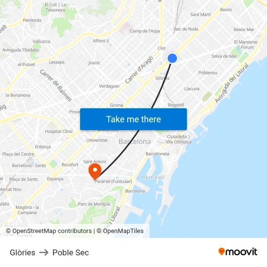 Glòries to Poble Sec map