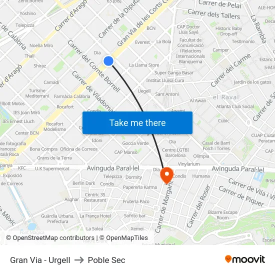 Gran Via - Urgell to Poble Sec map