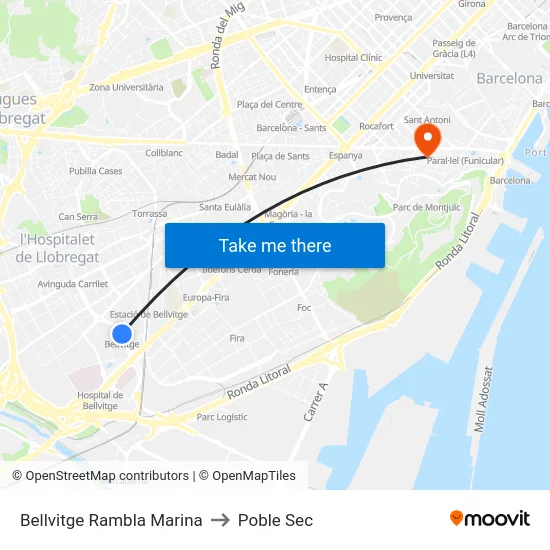 Bellvitge Rambla Marina to Poble Sec map