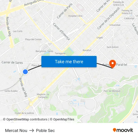 Mercat Nou to Poble Sec map