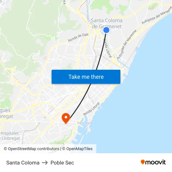 Santa Coloma to Poble Sec map