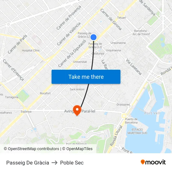 Passeig De Gràcia to Poble Sec map