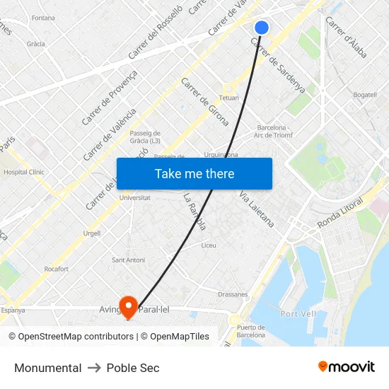 Monumental to Poble Sec map