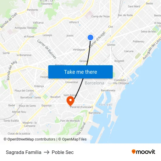 Sagrada Família to Poble Sec map