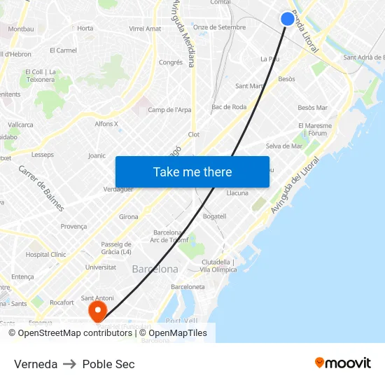 Verneda to Poble Sec map
