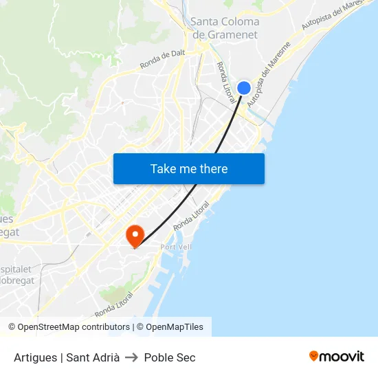 Artigues | Sant Adrià to Poble Sec map