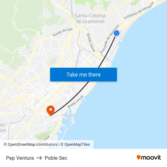 Pep Ventura to Poble Sec map