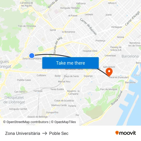 Zona Universitària to Poble Sec map