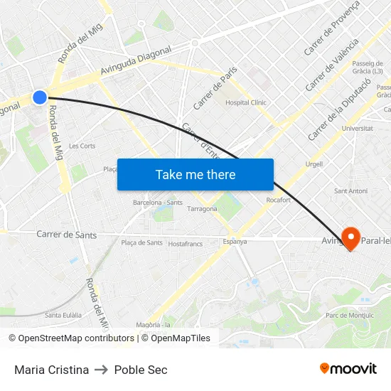 Maria Cristina to Poble Sec map