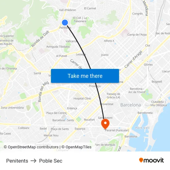 Penitents to Poble Sec map