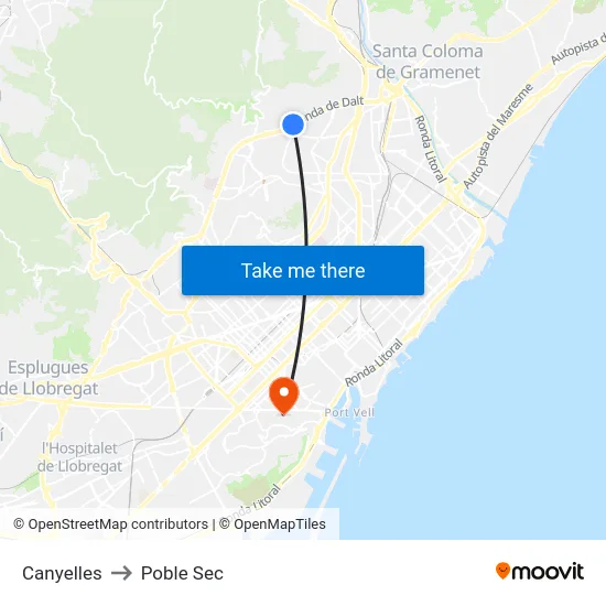 Canyelles to Poble Sec map