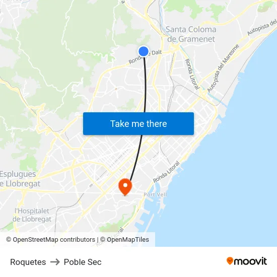 Roquetes to Poble Sec map