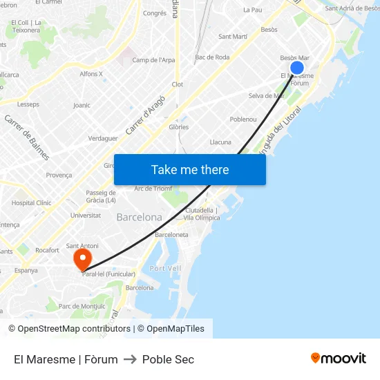 El Maresme | Fòrum to Poble Sec map