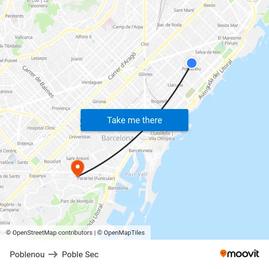 Poblenou to Poble Sec map
