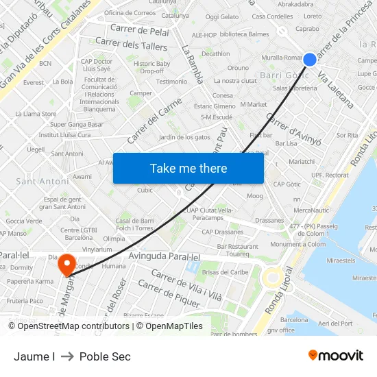 Jaume I to Poble Sec map